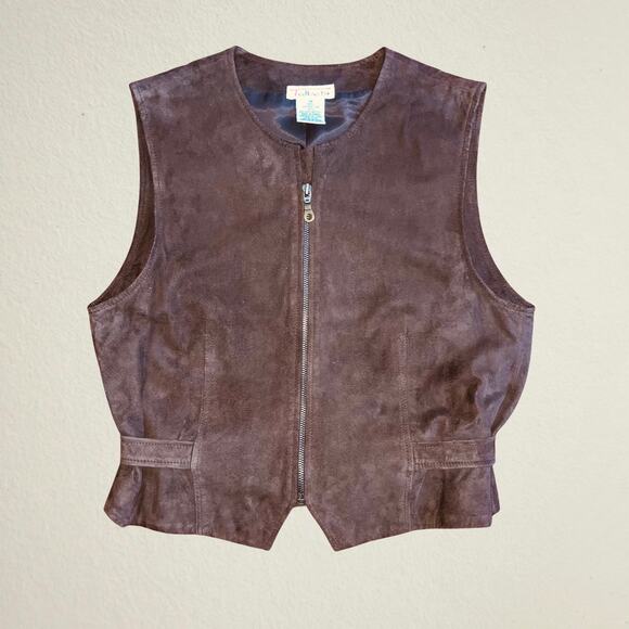 Brown suede leather sleeveless belted vest Talbots biker boho chic indie autumn - Picture 1 of 6
